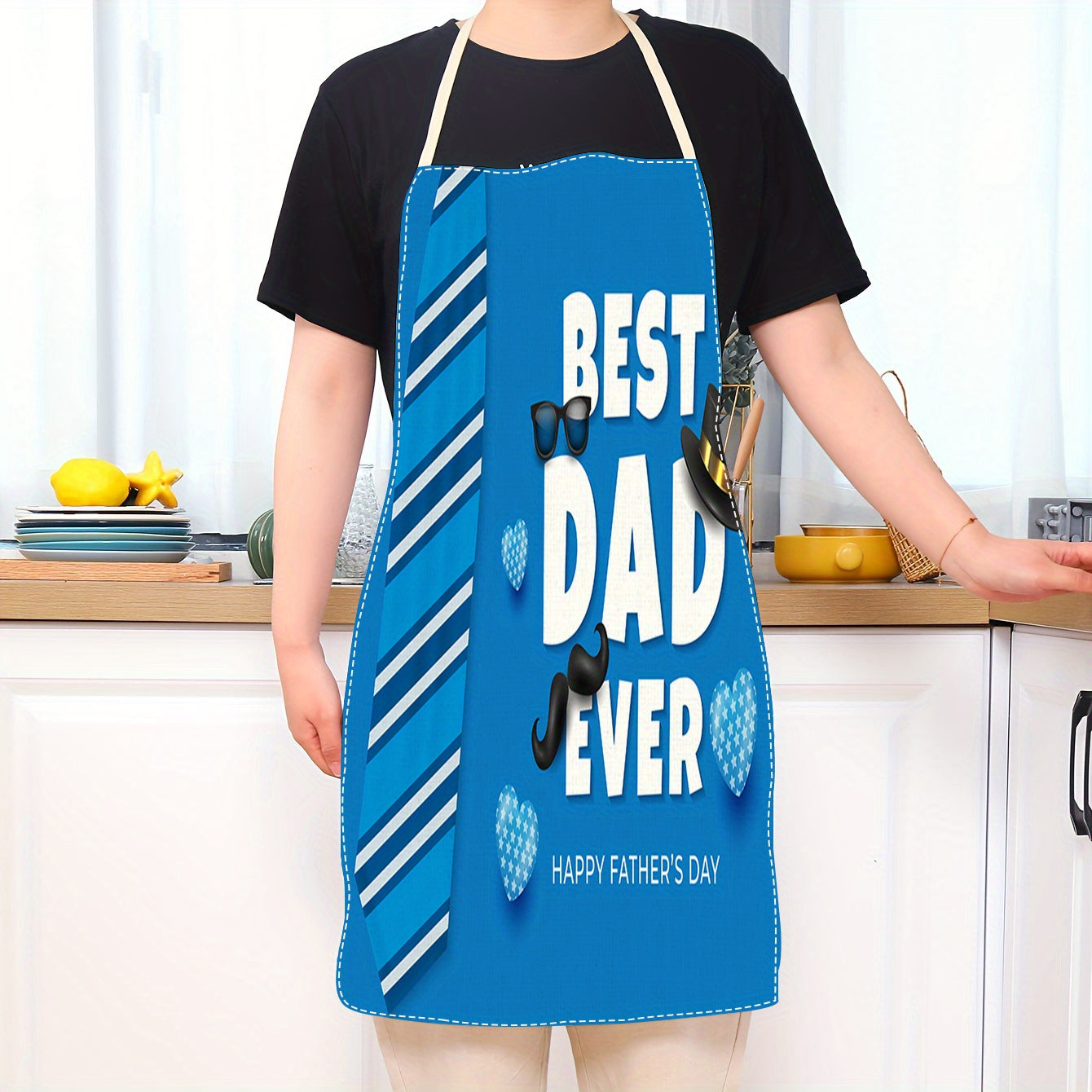 Father's Day Chef Apron Durable Oil-Resistant Linen with Tie and Glasses Print