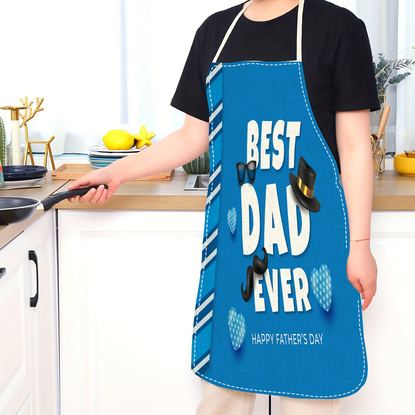 Father's Day Chef Apron Durable Oil-Resistant Linen with Tie and Glasses Print