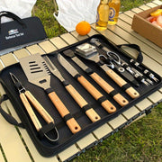 Stainless Steel BBQ Griddle Tool Set with Wood Handles for Camping and Outdoor Cooking