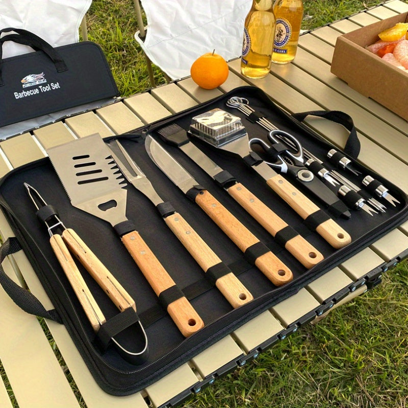 Stainless Steel BBQ Griddle Tool Set with Wood Handles for Camping and Outdoor Cooking