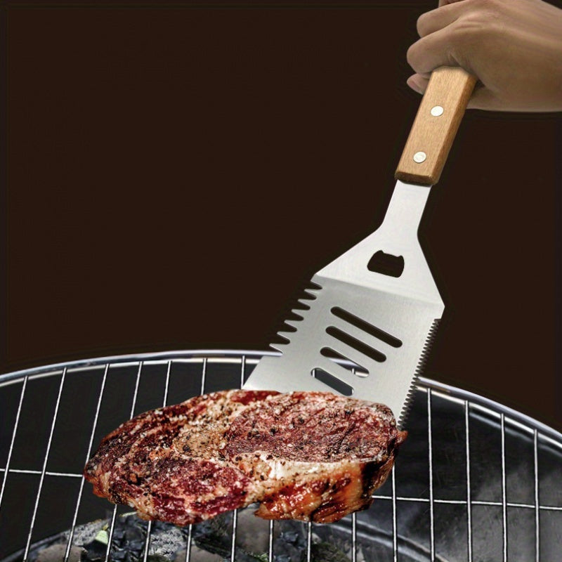 Stainless Steel BBQ Griddle Tool Set with Wood Handles for Camping and Outdoor Cooking