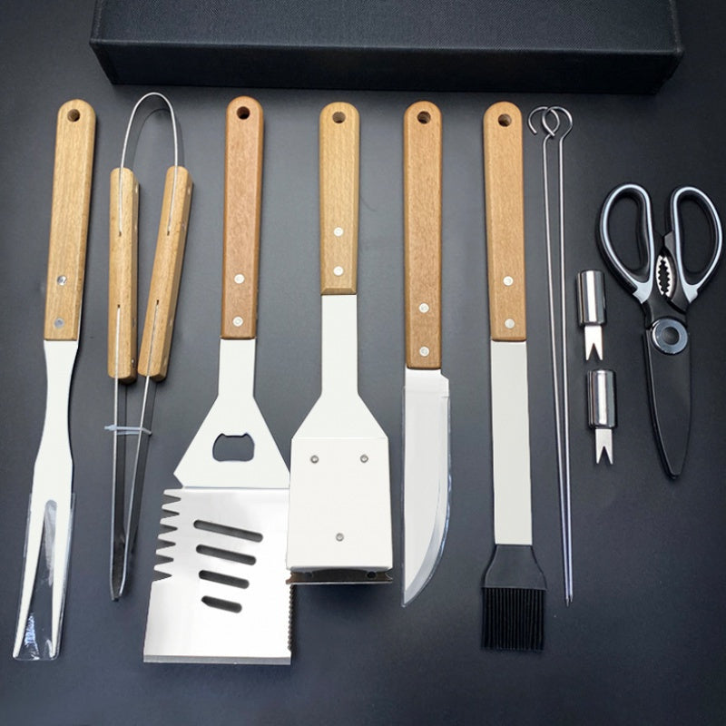 Stainless Steel BBQ Griddle Tool Set with Wood Handles for Camping and Outdoor Cooking