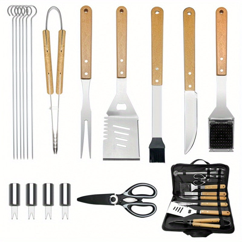 Stainless Steel BBQ Griddle Tool Set with Wood Handles for Camping and Outdoor Cooking
