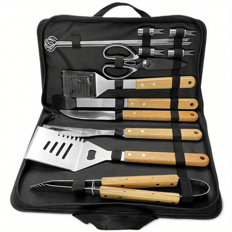 Stainless Steel BBQ Griddle Tool Set with Wood Handles for Camping and Outdoor Cooking