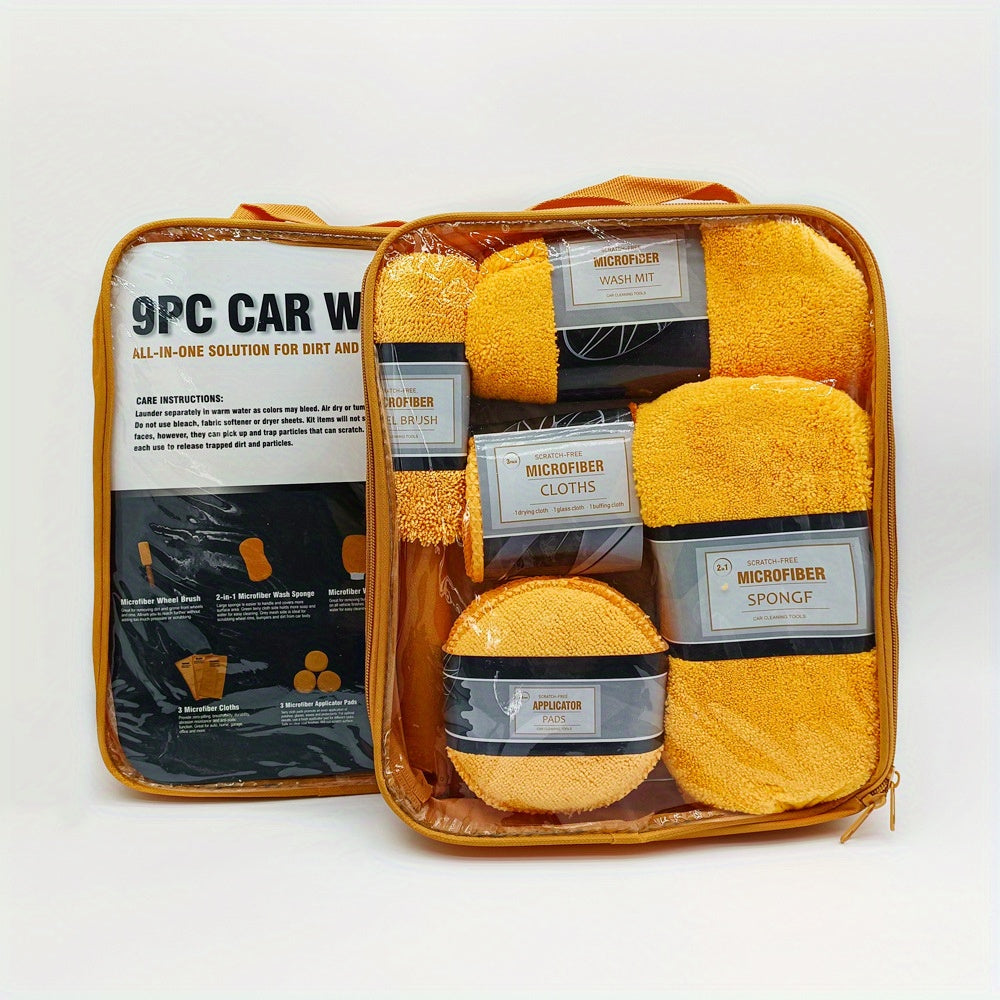 Kit de lavado de coche de microfibra de 9 piezas con almohadillas aplicadoras y cepillo para ruedas