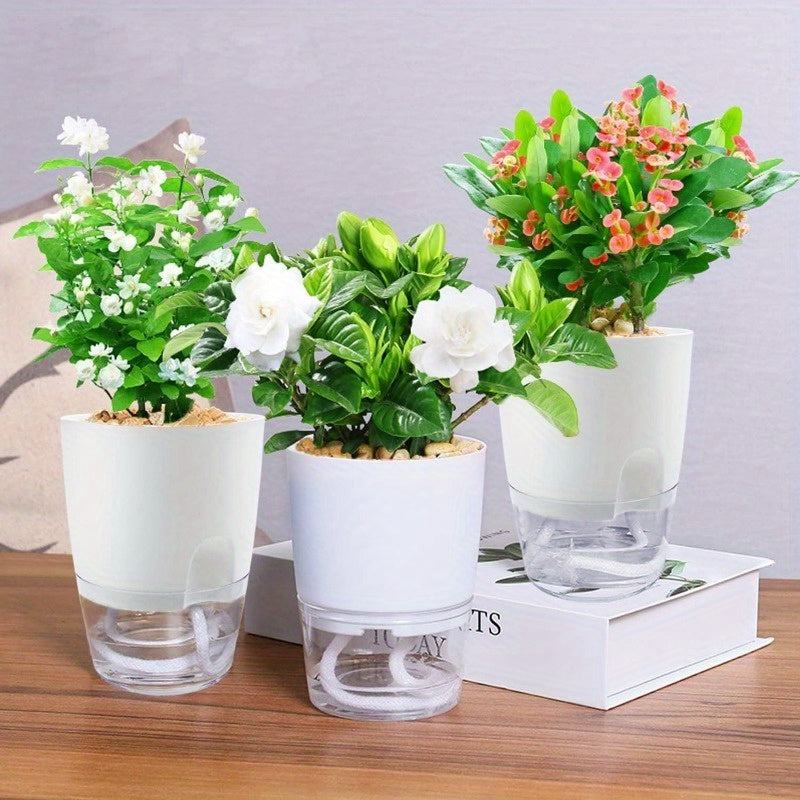Self-Watering Plastic Planters with Watering Bottle for Indoor Herbs and House Plants Set of Three