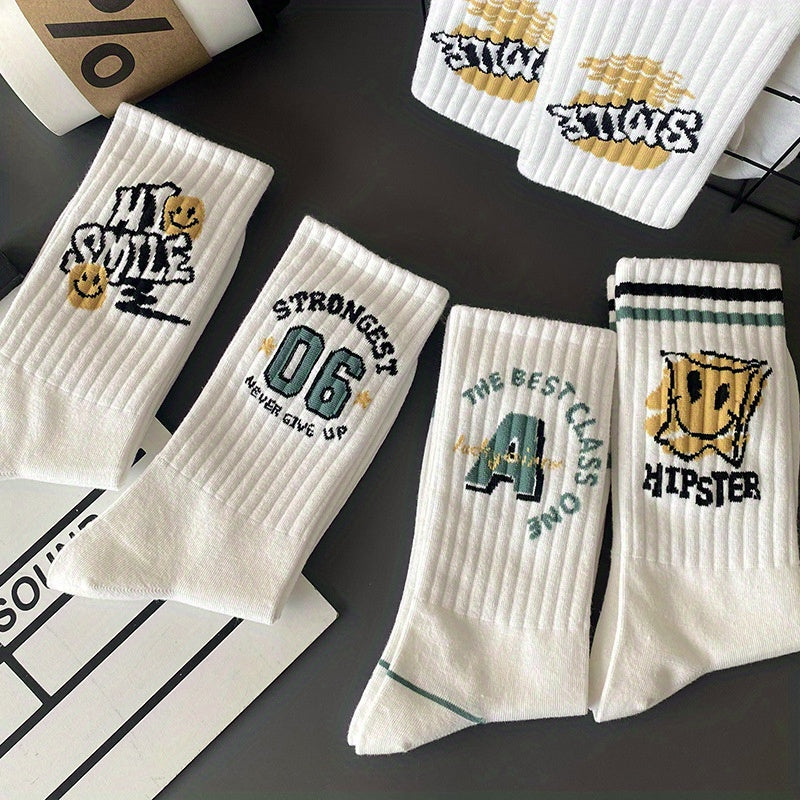 Men's Graffiti Pattern Breathable Knit Socks, 5 Pairs, Casual Outdoor Wear