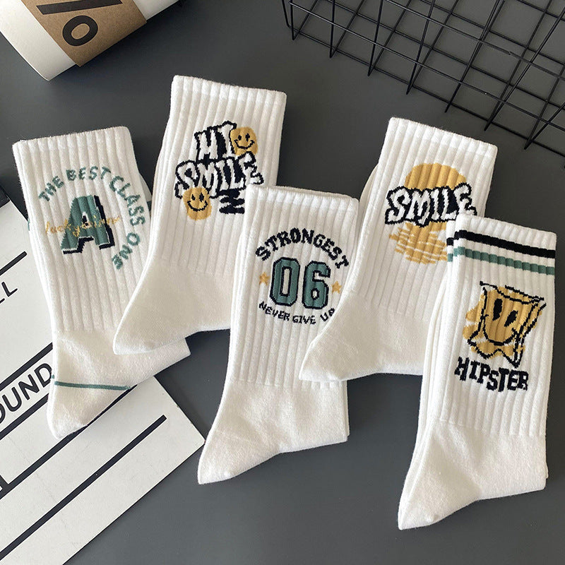 Men's Graffiti Pattern Breathable Knit Socks, 5 Pairs, Casual Outdoor Wear