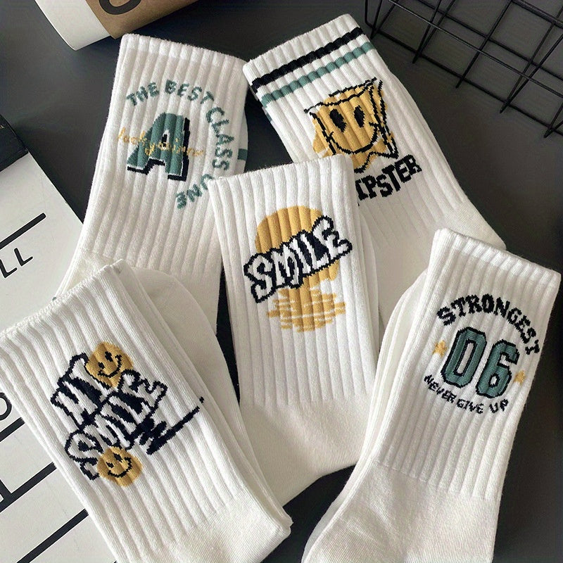 Men's Graffiti Pattern Breathable Knit Socks, 5 Pairs, Casual Outdoor Wear