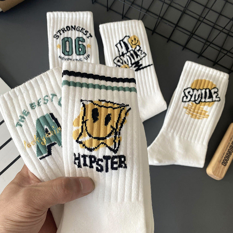 Men's Graffiti Pattern Breathable Knit Socks, 5 Pairs, Casual Outdoor Wear