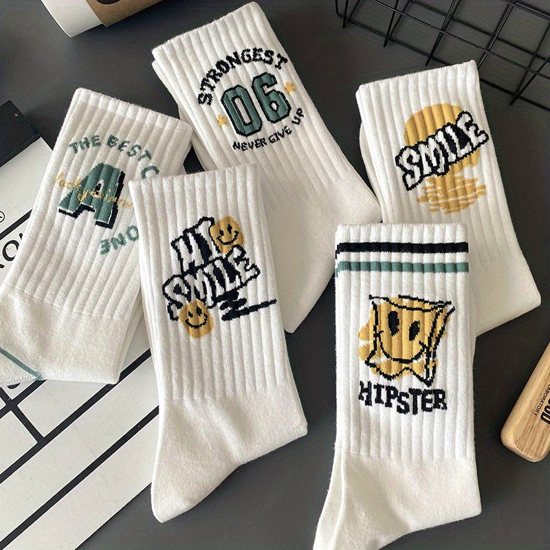 Men's Graffiti Pattern Breathable Knit Socks, 5 Pairs, Casual Outdoor Wear