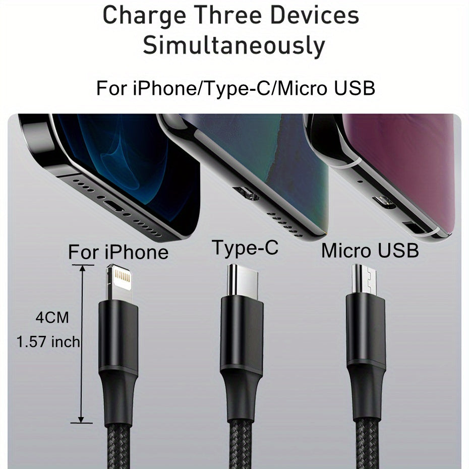 3-in-1 Naylon Zaryadlash Kabeli iPhone Type-C Micro USB Ma'lumotlarni Sinxronlashtirish va Quvvat