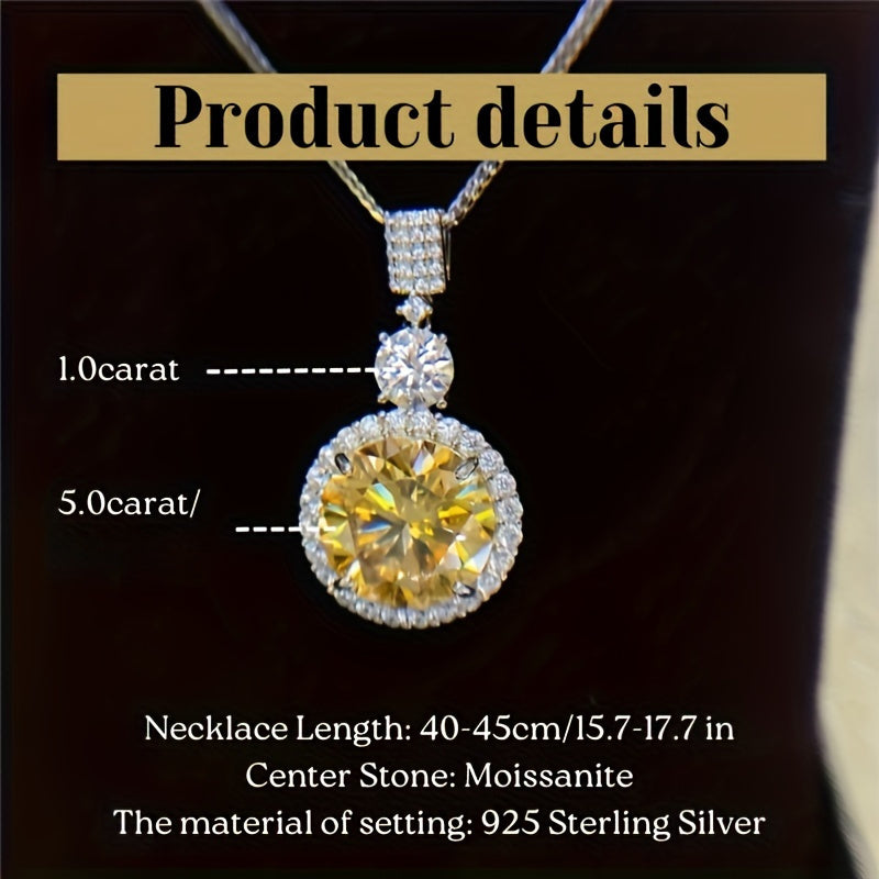 Yellow Moissanite Pendant Necklace 6.1 Carats S925 Sterling Silver Round Cut Jewelry