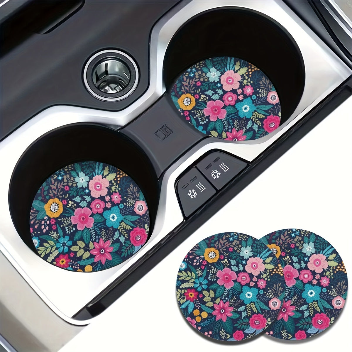 2 Pack Floral Car Coasters Absorbent Anti-Slip for Vehicles and Home