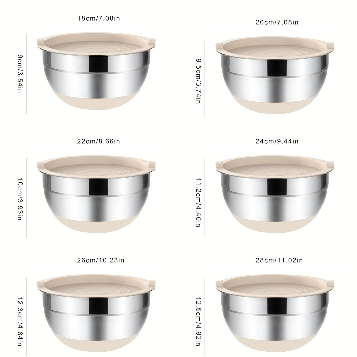 6-Piece Stainless Steel Mixing Bowl Set with Airtight Lids and Grater Attachments