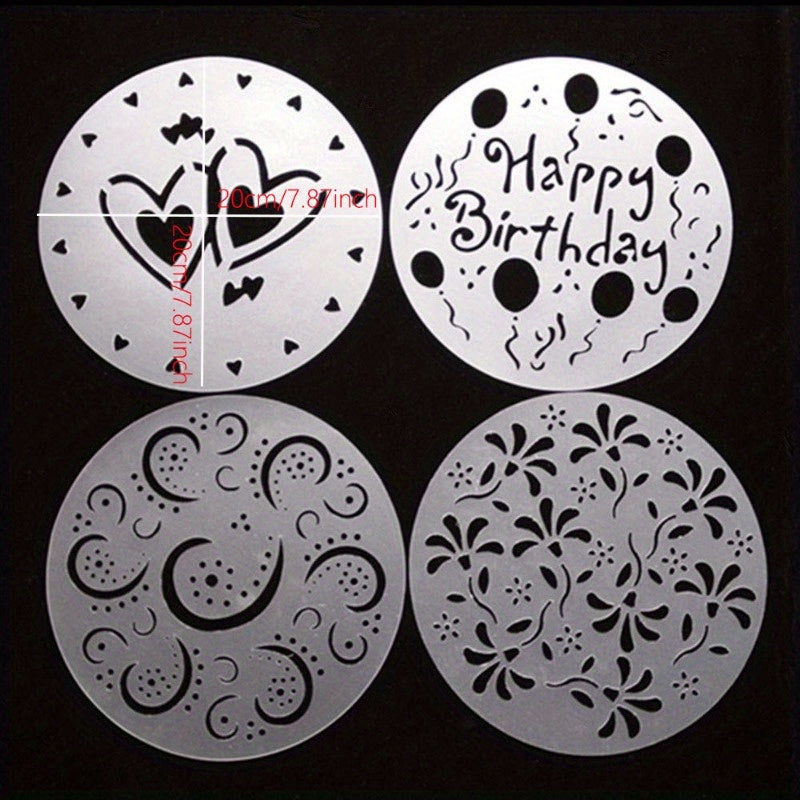 Set of 4 Cake Top Stencils Food-Safe Plastic Heart Flower Swirl Designs