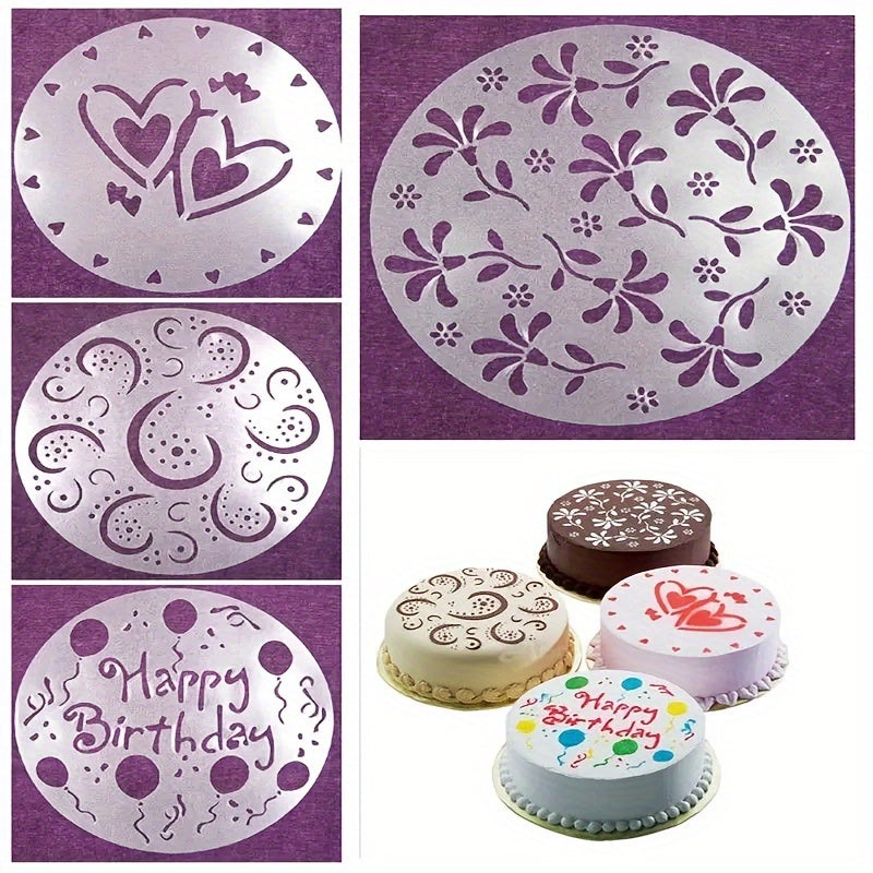 Set of 4 Cake Top Stencils Food-Safe Plastic Heart Flower Swirl Designs