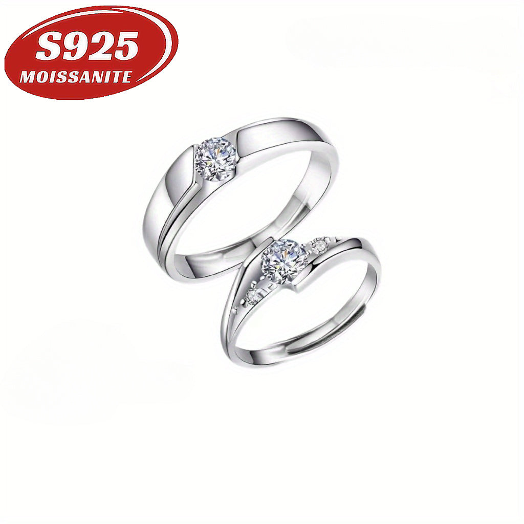 Sterling Silver Couple Ring with 0.5ct Mozambique Diamonds Adjustable Retro Light Luxury Jewelry for Men Women