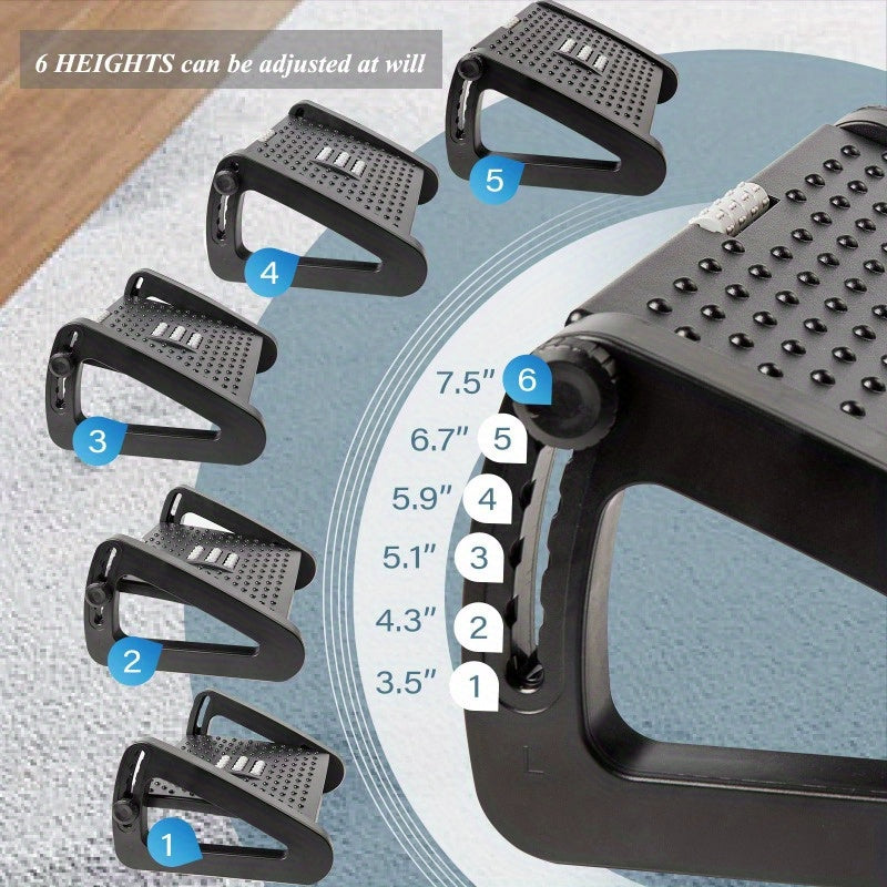 Эргономичная подставка для ног с роликовым массажем, регулируемой высотой и противоскользящим дизайном для использования в офисе и дома, предлагающая 6 уровней высоты.