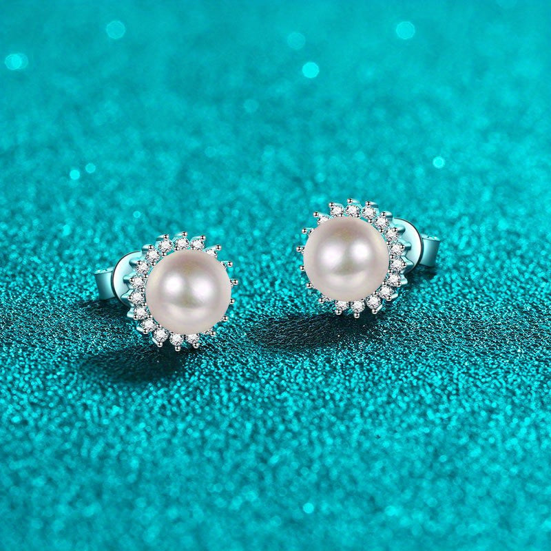 Pendientes con Diamantes de Mozambique, Perlas de Agua Dulce, Plata 925, 0.42 Quilates, Unisex, Joyería Elegante