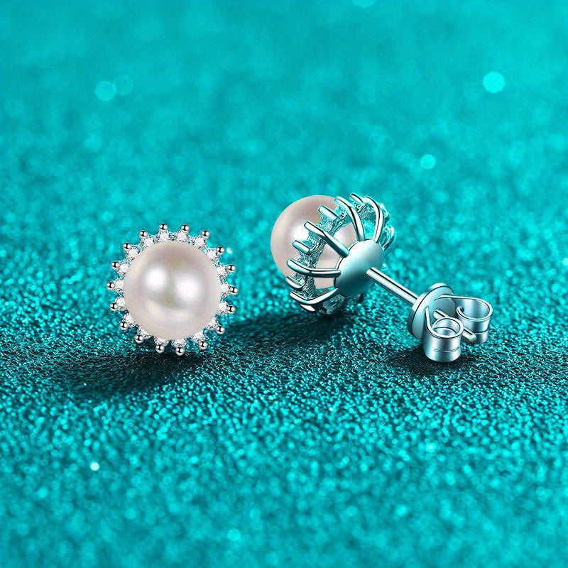 Pendientes con Diamantes de Mozambique, Perlas de Agua Dulce, Plata 925, 0.42 Quilates, Unisex, Joyería Elegante