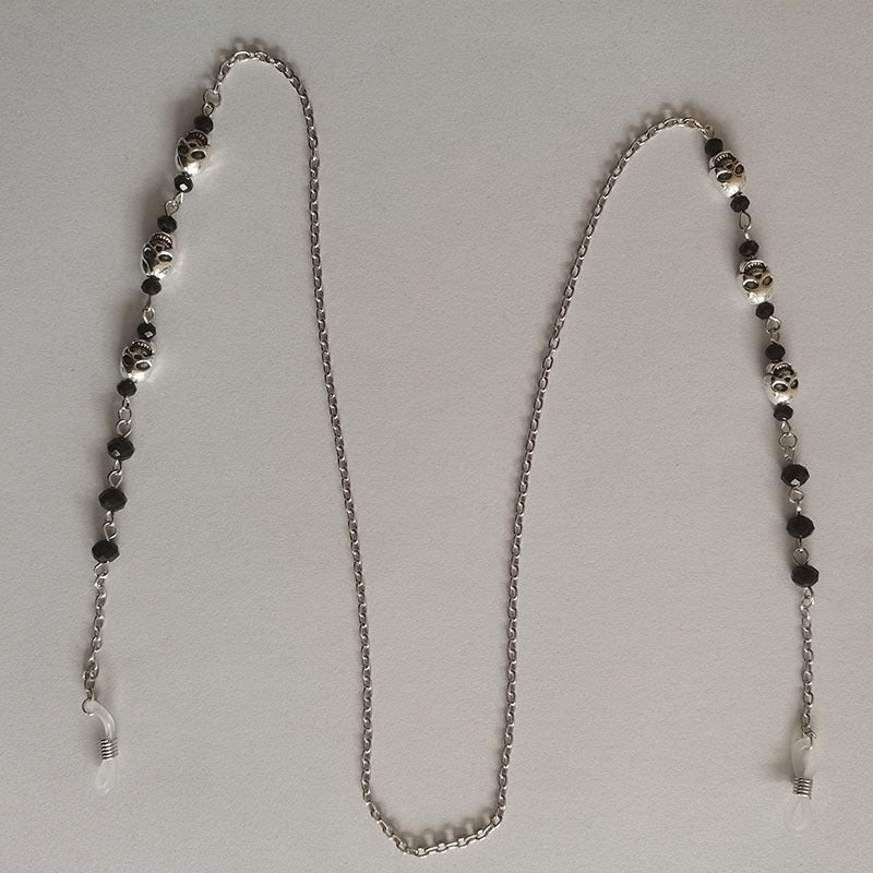 Black Beaded Eyewear Chain with Gothic Skull Charms for Spectacles