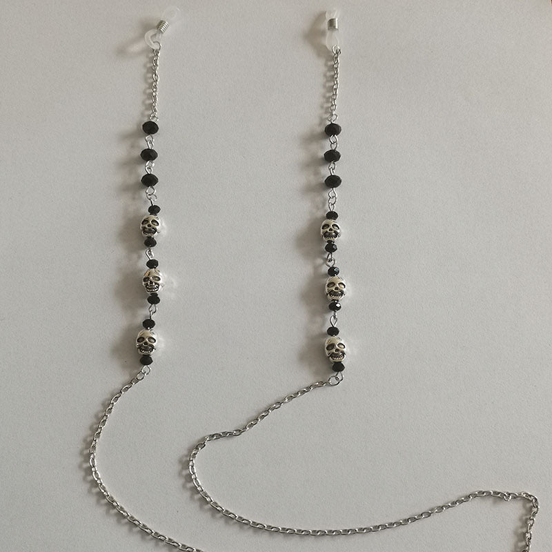 Black Beaded Eyewear Chain with Gothic Skull Charms for Spectacles