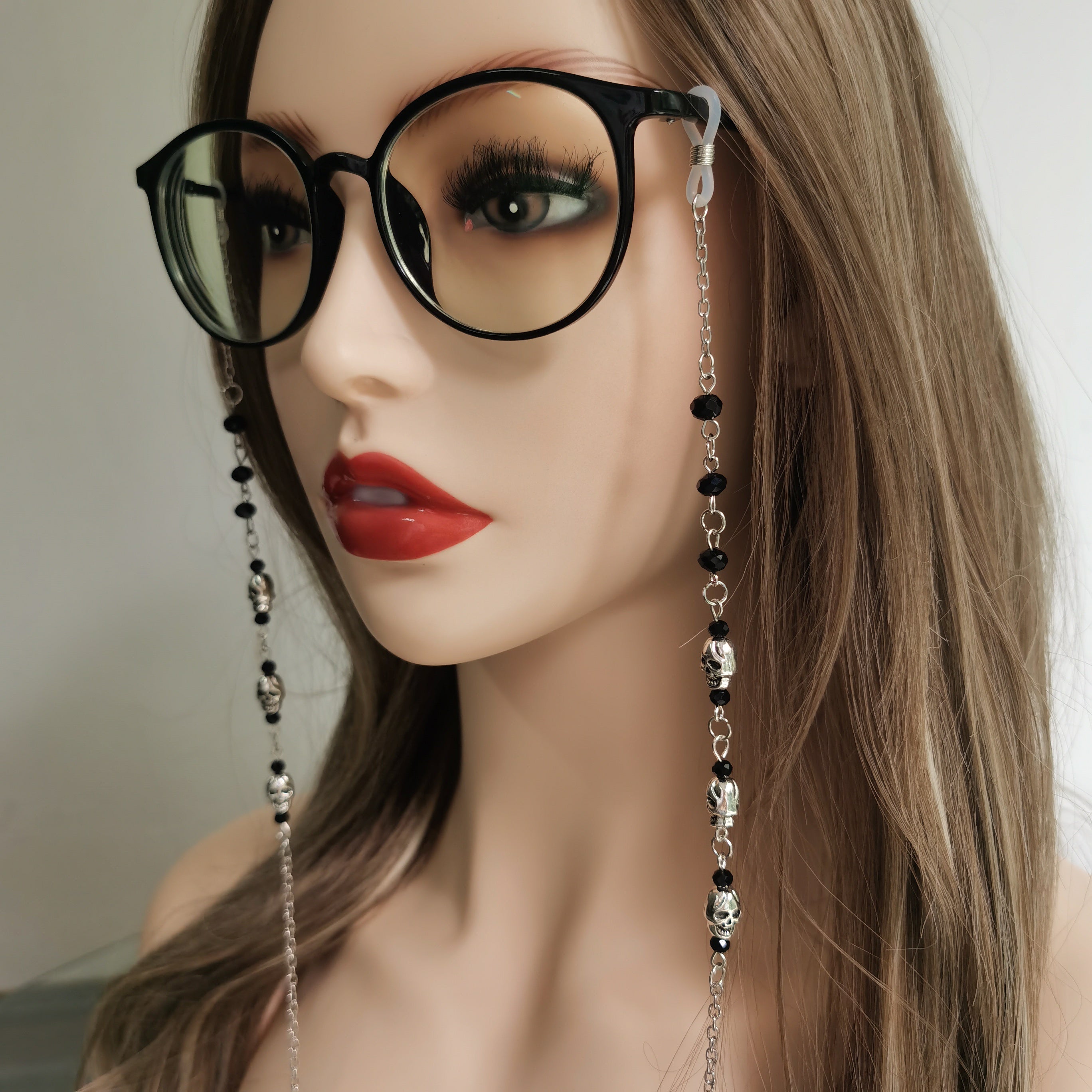 Black Beaded Eyewear Chain with Gothic Skull Charms for Spectacles