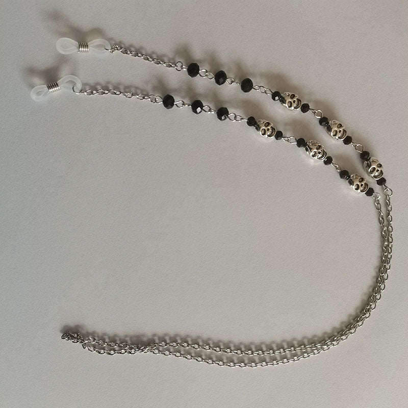 Black Beaded Eyewear Chain with Gothic Skull Charms for Spectacles