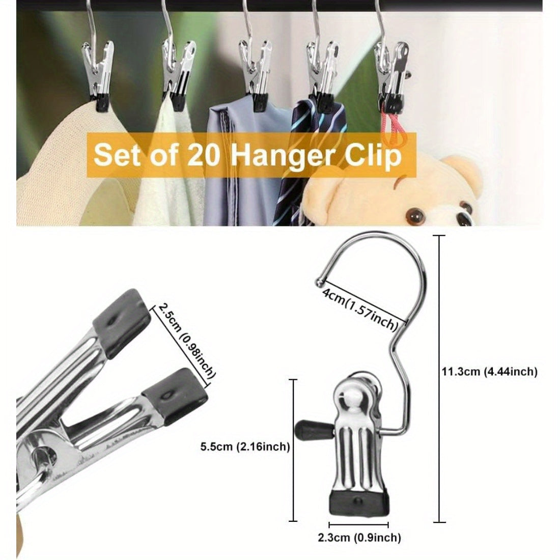 Set of 20 Stainless Steel Laundry Clips with Non-Slip Metal Hangers for Towels Socks Clothes