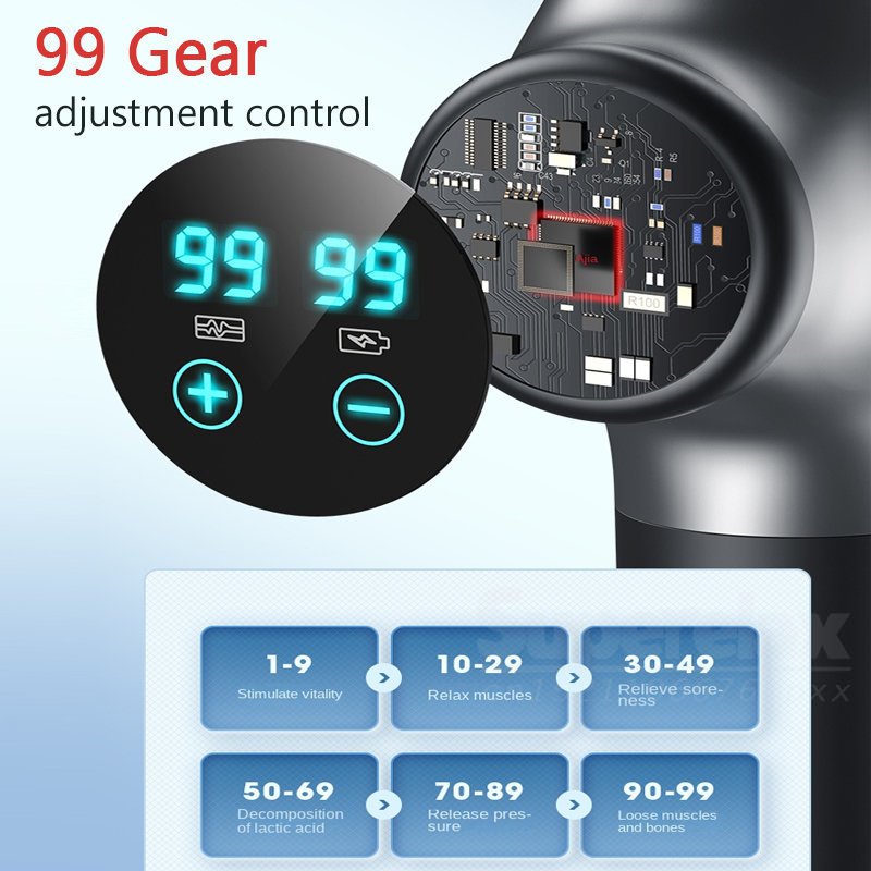 Pistola de masaje con pantalla LCD, 6 accesorios, recargable, relajación muscular profunda