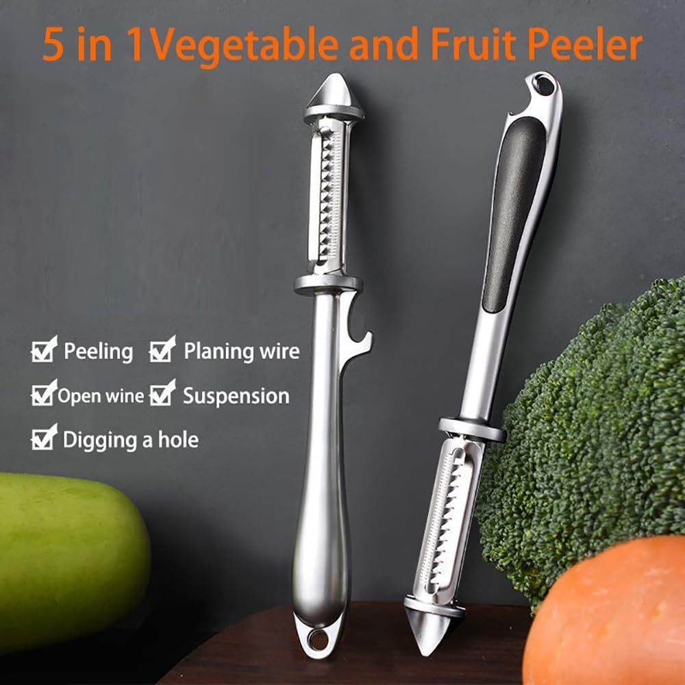 Juego de 2 peladores de acero inoxidable 5 en 1 pelador de verduras y frutas con abrebotellas