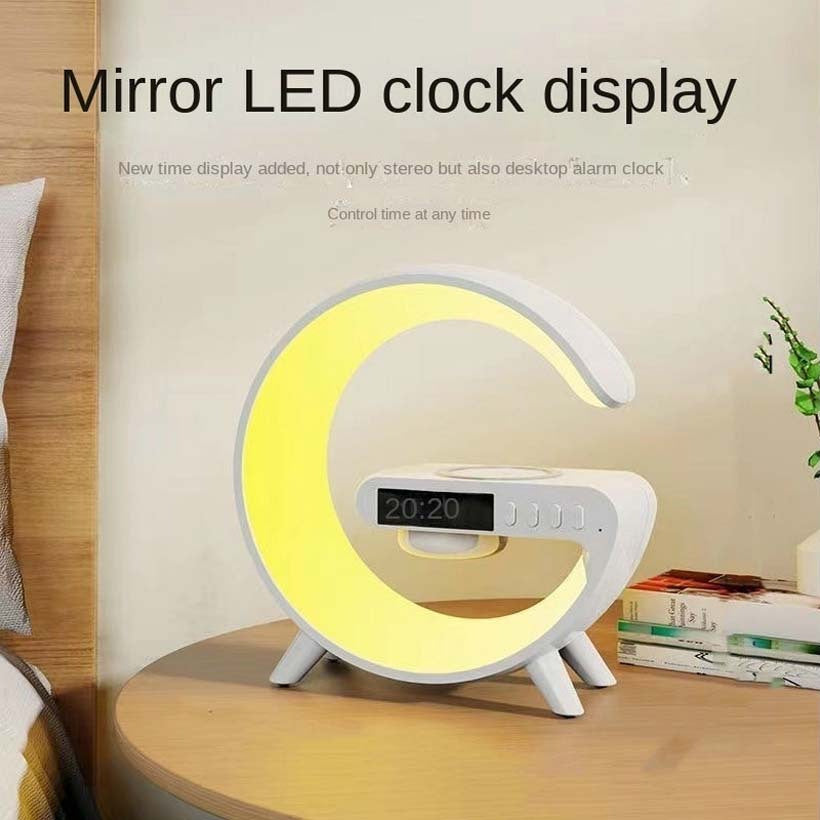 Modern Wireless Speaker with LED Light Desk Lamp Phone Holder Alarm Clock and Wireless Charging Black or White