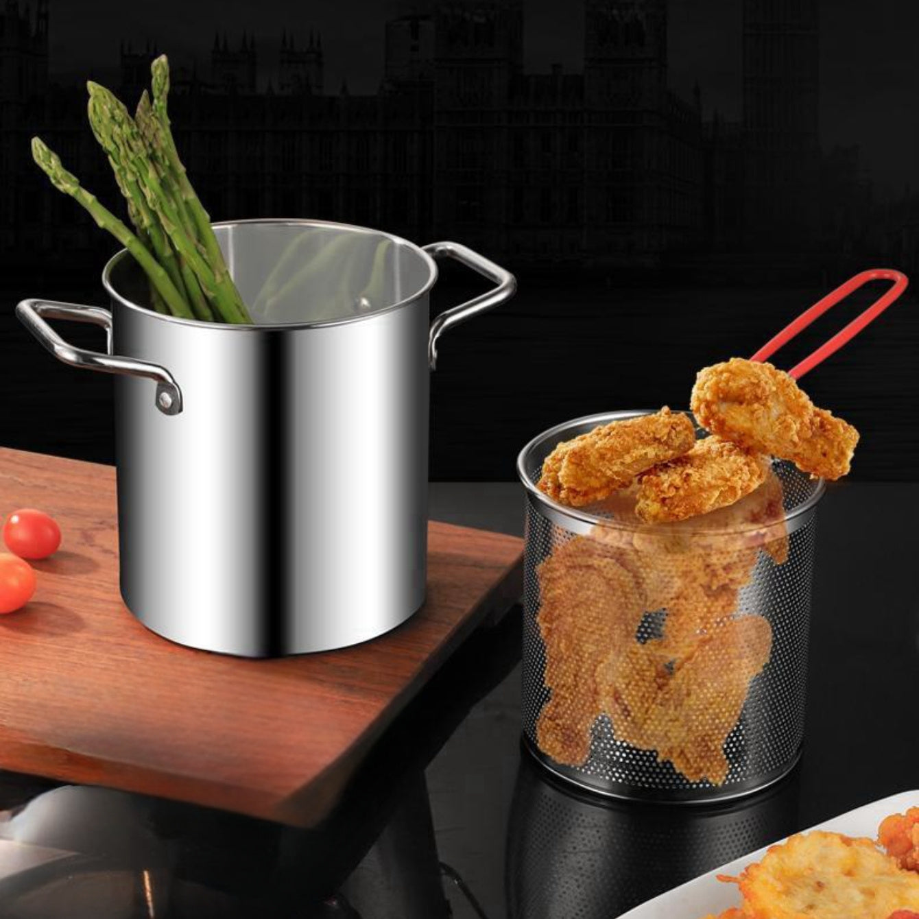 Stainless Steel Fryer Pot with Basket 100oz 3000ml for Deep Frying Boiling Soup Pasta Compatible with Induction Cooktops