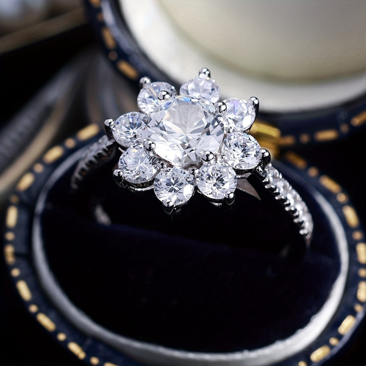 Sterling Silver Moissanite Sunflower Ring 2.5ct Round Cut Engagement Jewelry