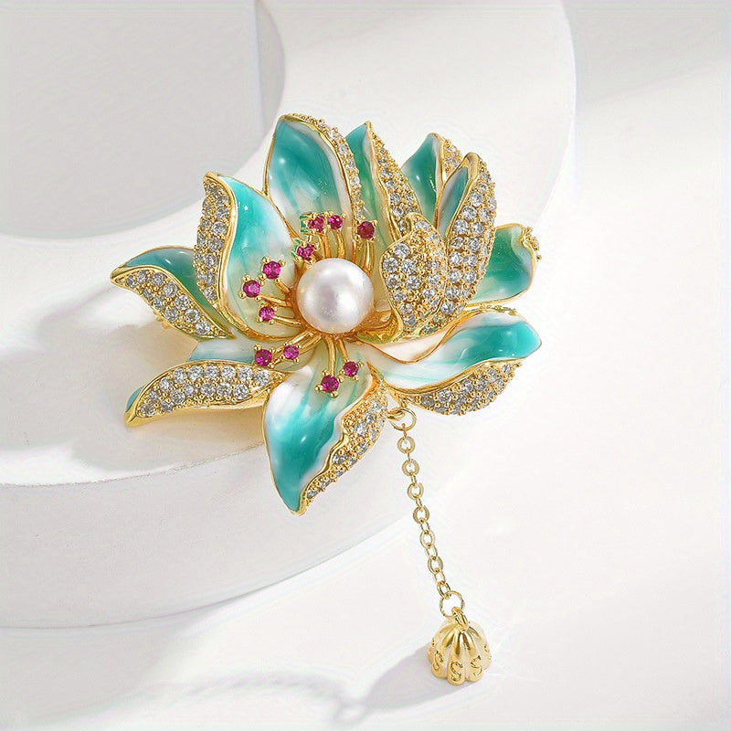 Vintage Chinese-Inspired Lotus Flower Brooch for Women Enamel Rhinestone Faux Pearl Tassel