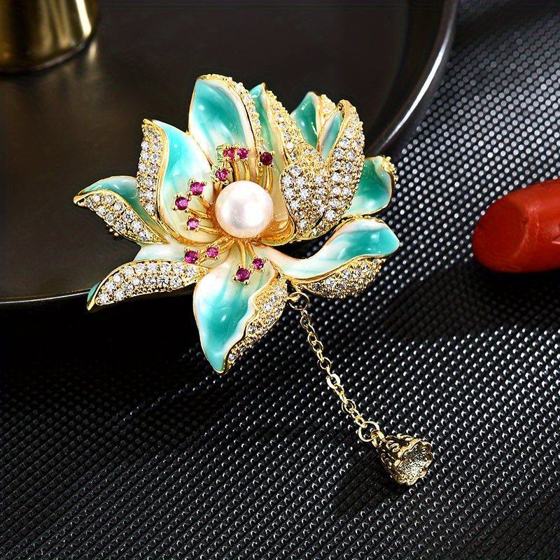 Vintage Chinese-Inspired Lotus Flower Brooch for Women Enamel Rhinestone Faux Pearl Tassel