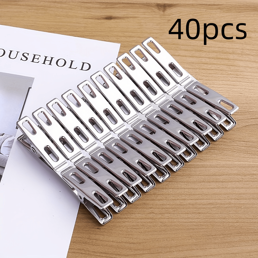Set of 10/20/40 Heavy Duty Stainless Steel Clothespins and Binder Clips for Hanging Clothes and Sealing Food