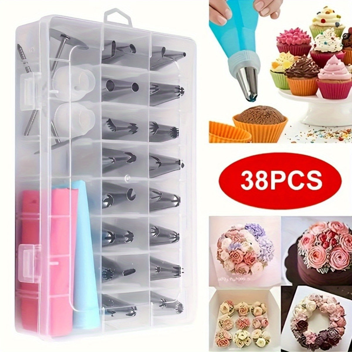 38 Stainless Steel Icing Piping Tips Set with Storage Box for Cake Decorating