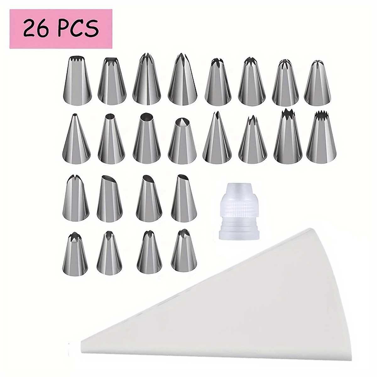 8/26 zanglamas po'latdan yasalgan muzqaymoq va piping uchlari to'plami, 6/24 nozzle, pishirish sumkasi va couplerni o'z ichiga oladi. Tortlar, kekslar, pechene va shirinliklarni bezash uchun mukammal. Pishirish va chiroyli bezaklar yaratish uchun ideal.