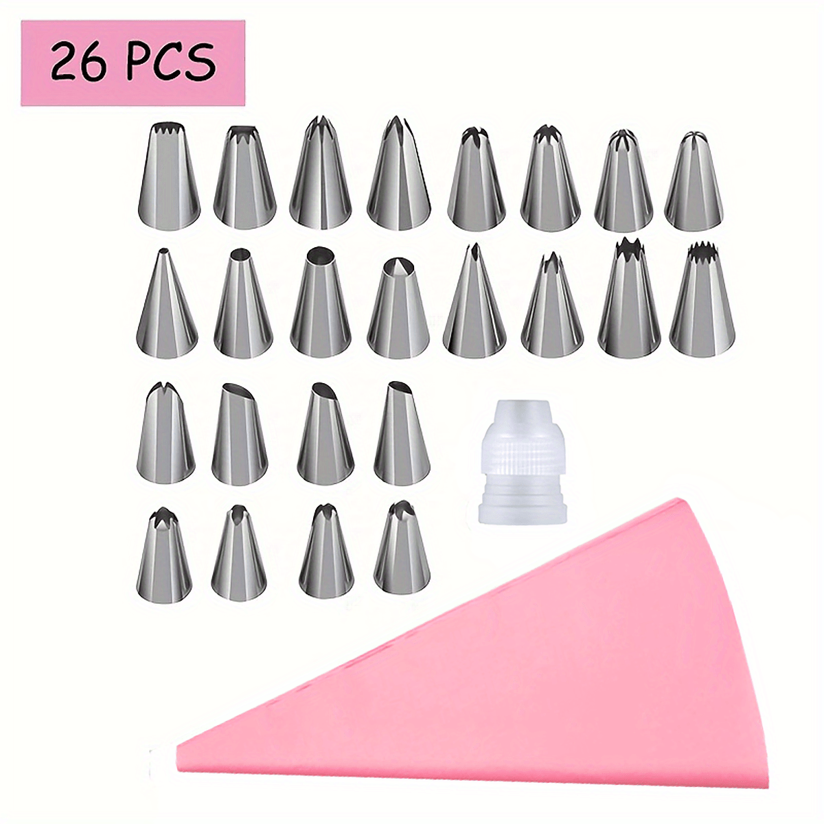 8/26 zanglamas po'latdan yasalgan muzqaymoq va piping uchlari to'plami, 6/24 nozzle, pishirish sumkasi va couplerni o'z ichiga oladi. Tortlar, kekslar, pechene va shirinliklarni bezash uchun mukammal. Pishirish va chiroyli bezaklar yaratish uchun ideal.