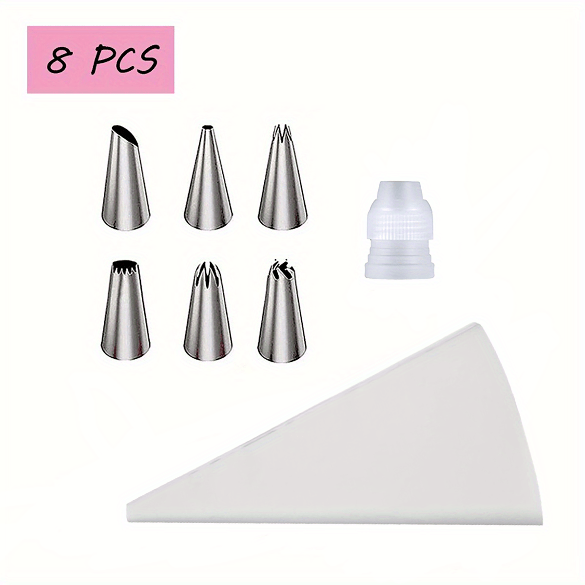 8/26 zanglamas po'latdan yasalgan muzqaymoq va piping uchlari to'plami, 6/24 nozzle, pishirish sumkasi va couplerni o'z ichiga oladi. Tortlar, kekslar, pechene va shirinliklarni bezash uchun mukammal. Pishirish va chiroyli bezaklar yaratish uchun ideal.