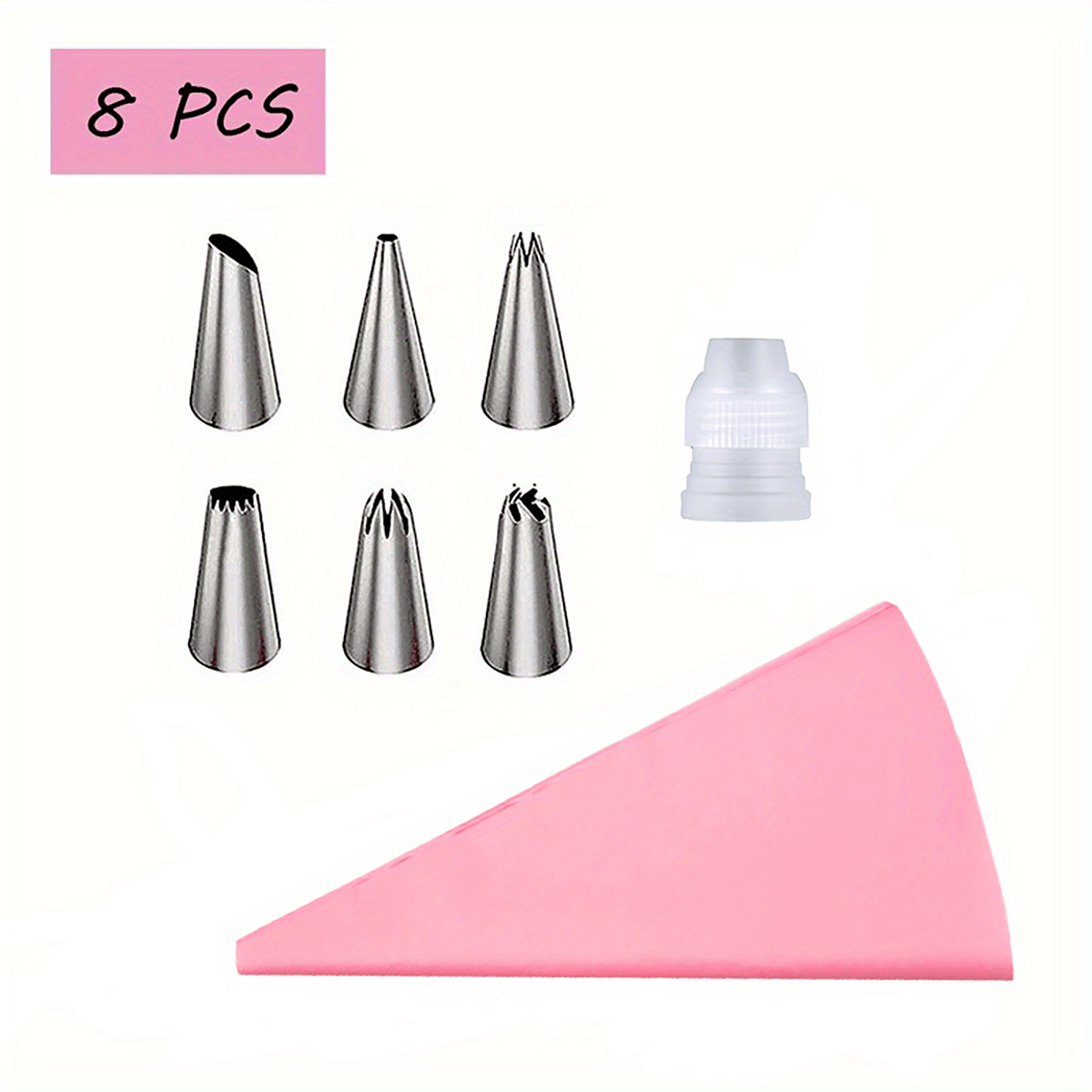 8/26 zanglamas po'latdan yasalgan muzqaymoq va piping uchlari to'plami, 6/24 nozzle, pishirish sumkasi va couplerni o'z ichiga oladi. Tortlar, kekslar, pechene va shirinliklarni bezash uchun mukammal. Pishirish va chiroyli bezaklar yaratish uchun ideal.