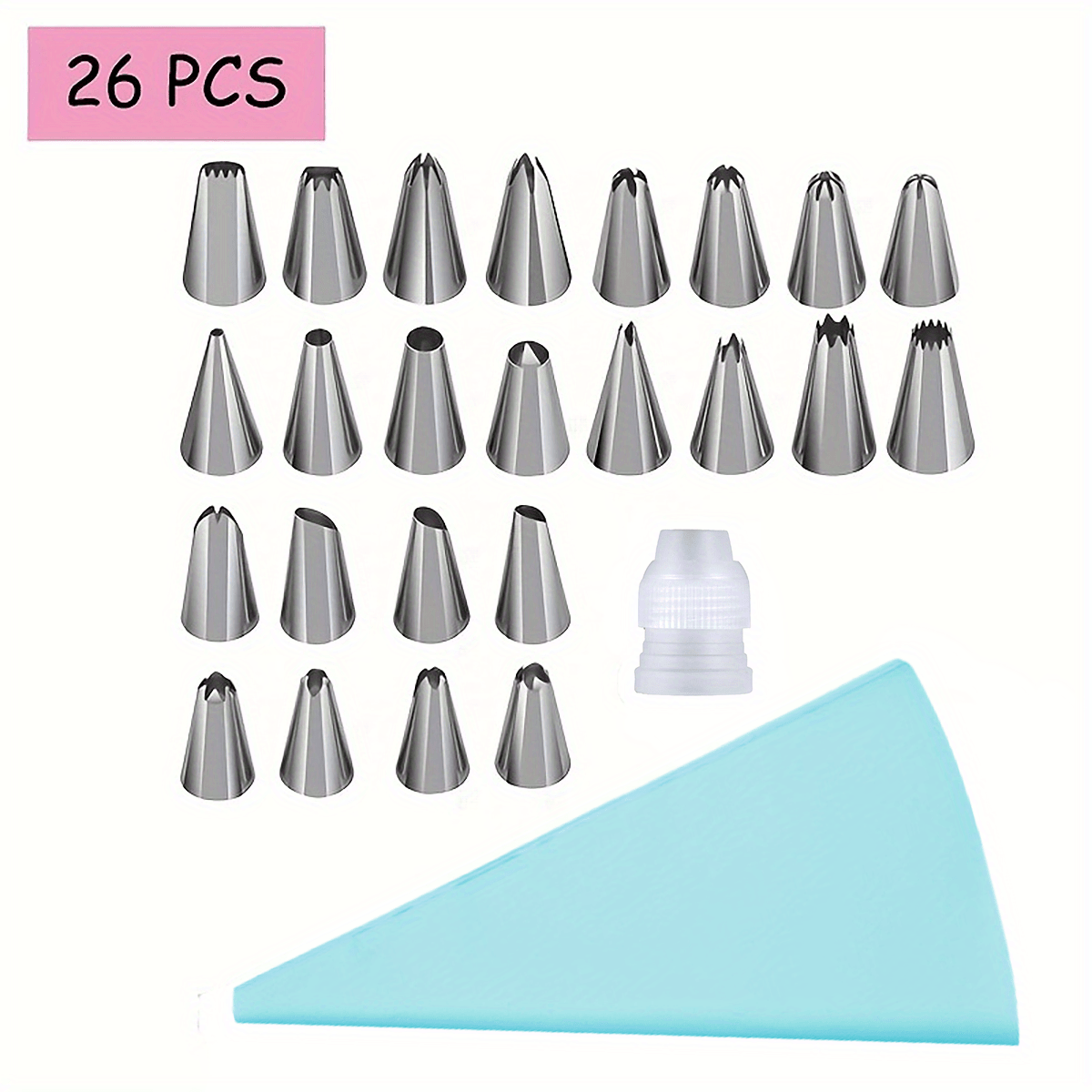 8/26 zanglamas po'latdan yasalgan muzqaymoq va piping uchlari to'plami, 6/24 nozzle, pishirish sumkasi va couplerni o'z ichiga oladi. Tortlar, kekslar, pechene va shirinliklarni bezash uchun mukammal. Pishirish va chiroyli bezaklar yaratish uchun ideal.