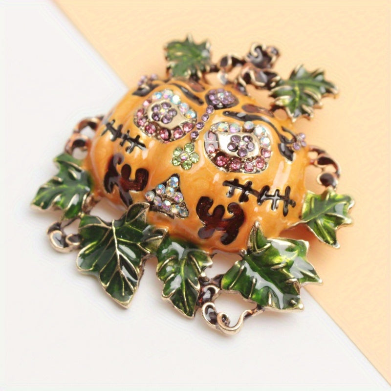 Vintage Style Pumpkin Brooch Pin with Rhinestones Unisex Jewelry Gift