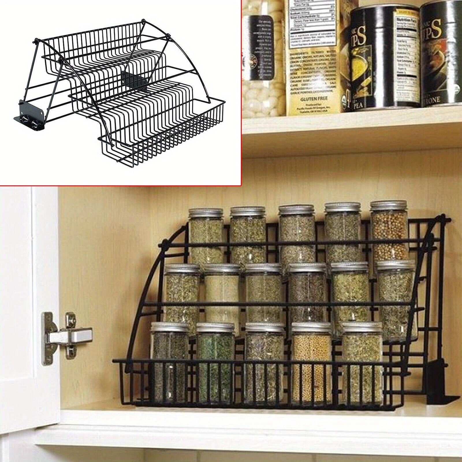 3-Tier Pull-Down Spice Rack Metal Kitchen Organizer Space-Saving Shelf Black
