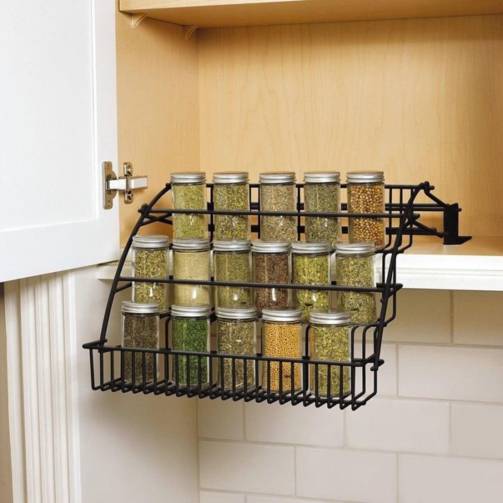 3-Tier Pull-Down Spice Rack Metal Kitchen Organizer Space-Saving Shelf Black
