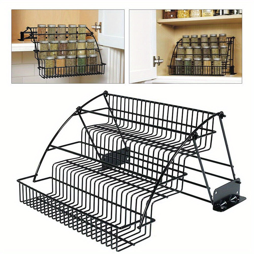 3-Tier Pull-Down Spice Rack Metal Kitchen Organizer Space-Saving Shelf Black