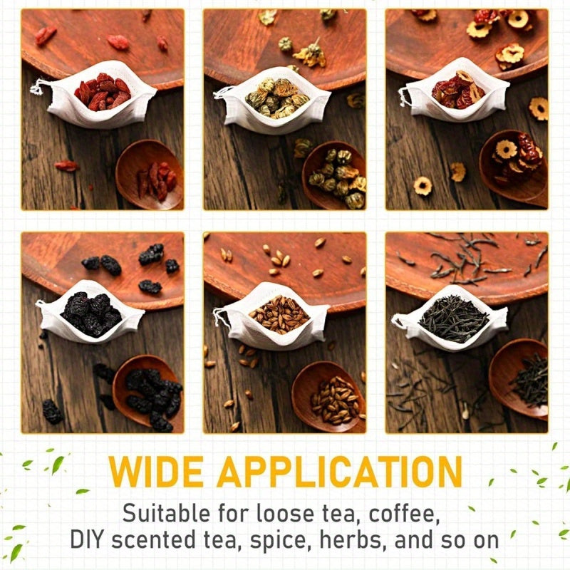 Disposable Tea Bags 100pcs Non-Woven Fabric with Drawstring 3 Sizes for Herbs Spices