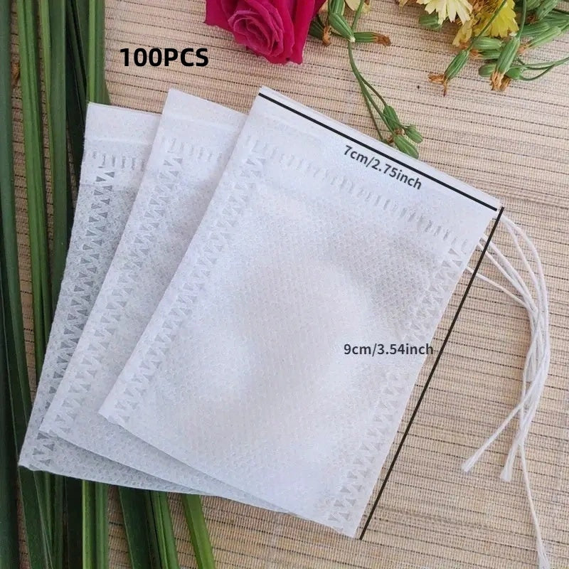Disposable Tea Bags 100pcs Non-Woven Fabric with Drawstring 3 Sizes for Herbs Spices